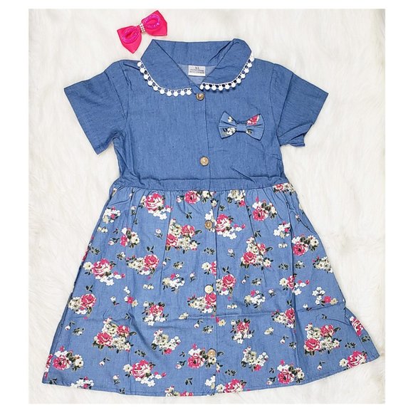 Other - Boutique Blue Denim Floral Dress & Hair Bow NEW🦋